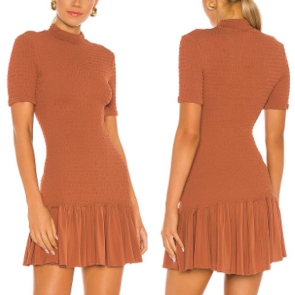 A.L.C. Aston Smocked Mini Dress In Burnt Orange XL